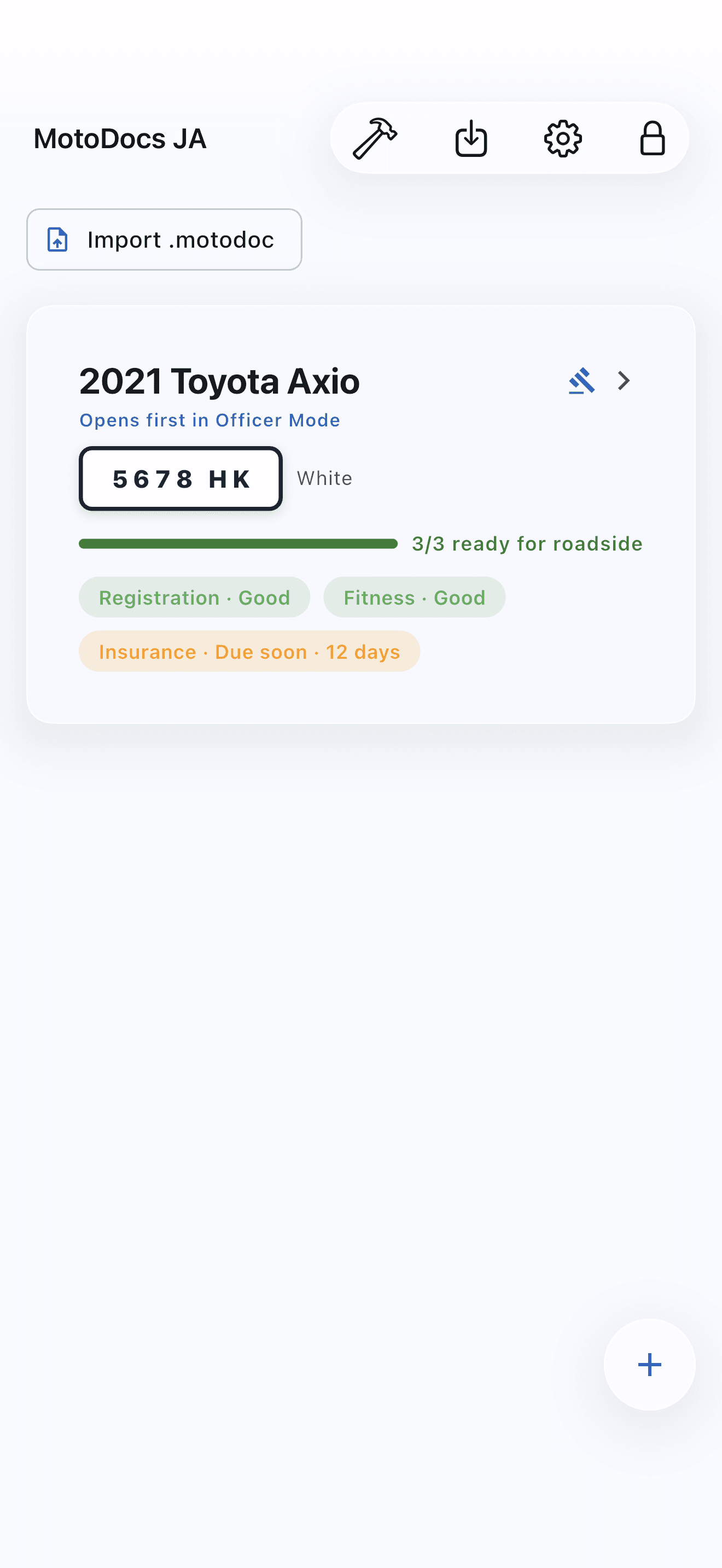 MotoDocs JA garage — vehicles with live document status