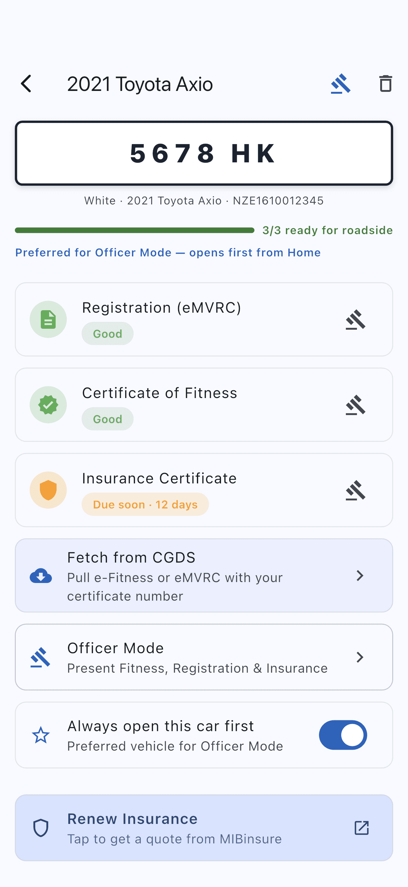 MotoDocs JA garage — vehicles with live document status